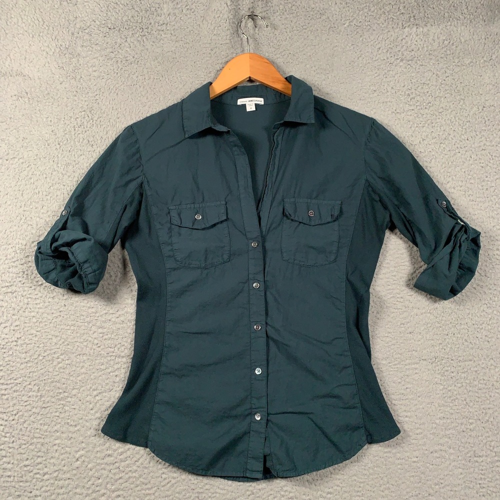 James Perse Shirt Women's 4 XL Teal Green Roll Tab Sleeve Utility Top Contrast